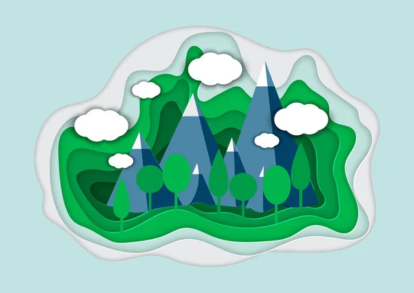 Vektorové ilustrace horské krajiny v papíru cut stylu — Stockový vektor