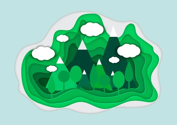 Ilustración vectorial de un paisaje de montaña en un estilo de corte de papel — Vector de stock