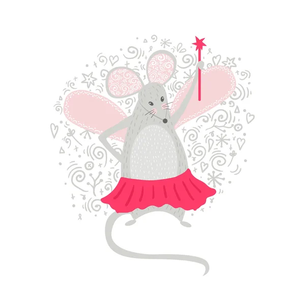 Fairy mouse with magic wand. Can be used for t-shirt print, kids wear fashion design, baby shower invitation card. — Stock Vector