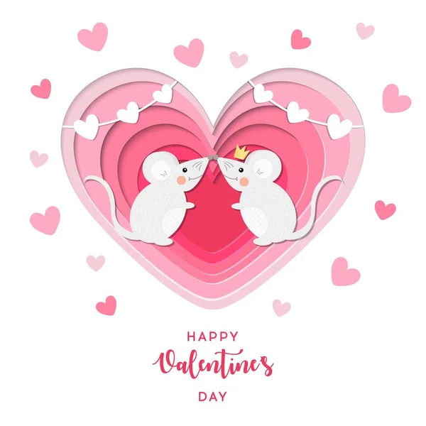 Ein verliebtes Paar, zwei süße Mäuse. Liebeskonzept. Herz aus Papier. Vorlage für Valentinstag und Grußkarte Hintergründe. — Stockvektor