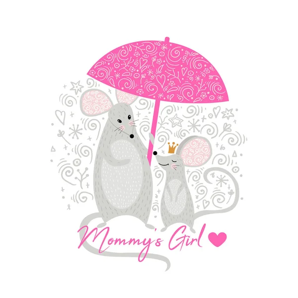 Mus mor och mus lilla flicka söt med paraply. Mammas flicka. Kan användas för t-shirt tryck, barn bära mode design, baby shower inbjudan kort. — Stock vektor