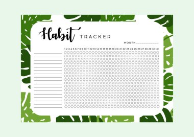 Alışkanlık İzleyici. Aylık planlama alışkanlığı takip cihazı boş şablon. Aylık planlamacı. Vektör illüstrasyonu. 