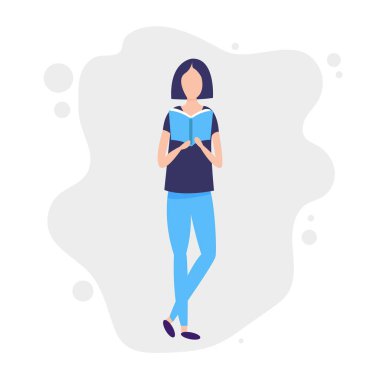 Edebiyat hayranıyım. Kız kitaplarla çalışıyor. Genç kız öğrenci. Eğitim ve öğrenme kavramı. Kitaplı güzel bir kız. Okumayı seven kız. Kitap okuma konsepti. Düz çizgi film vektör çizimi.