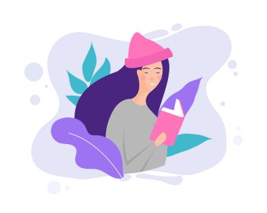 Edebiyat hayranıyım. Kız kitaplarla çalışıyor. Genç kız öğrenci. Eğitim ve öğrenme kavramı. Kitaplı güzel bir kız. Okumayı seven kız. Kitap okuma konsepti. Düz çizgi film vektör çizimi.