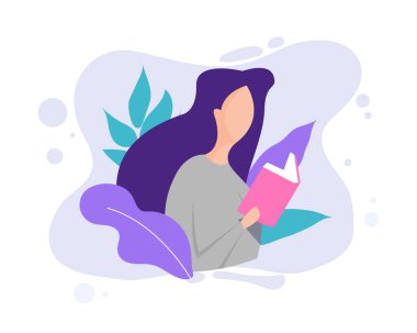 Edebiyat hayranıyım. Kız kitaplarla çalışıyor. Genç kız öğrenci. Eğitim ve öğrenme kavramı. Kitaplı güzel bir kız. Okumayı seven kız. Kitap okuma konsepti. Düz çizgi film vektör çizimi.