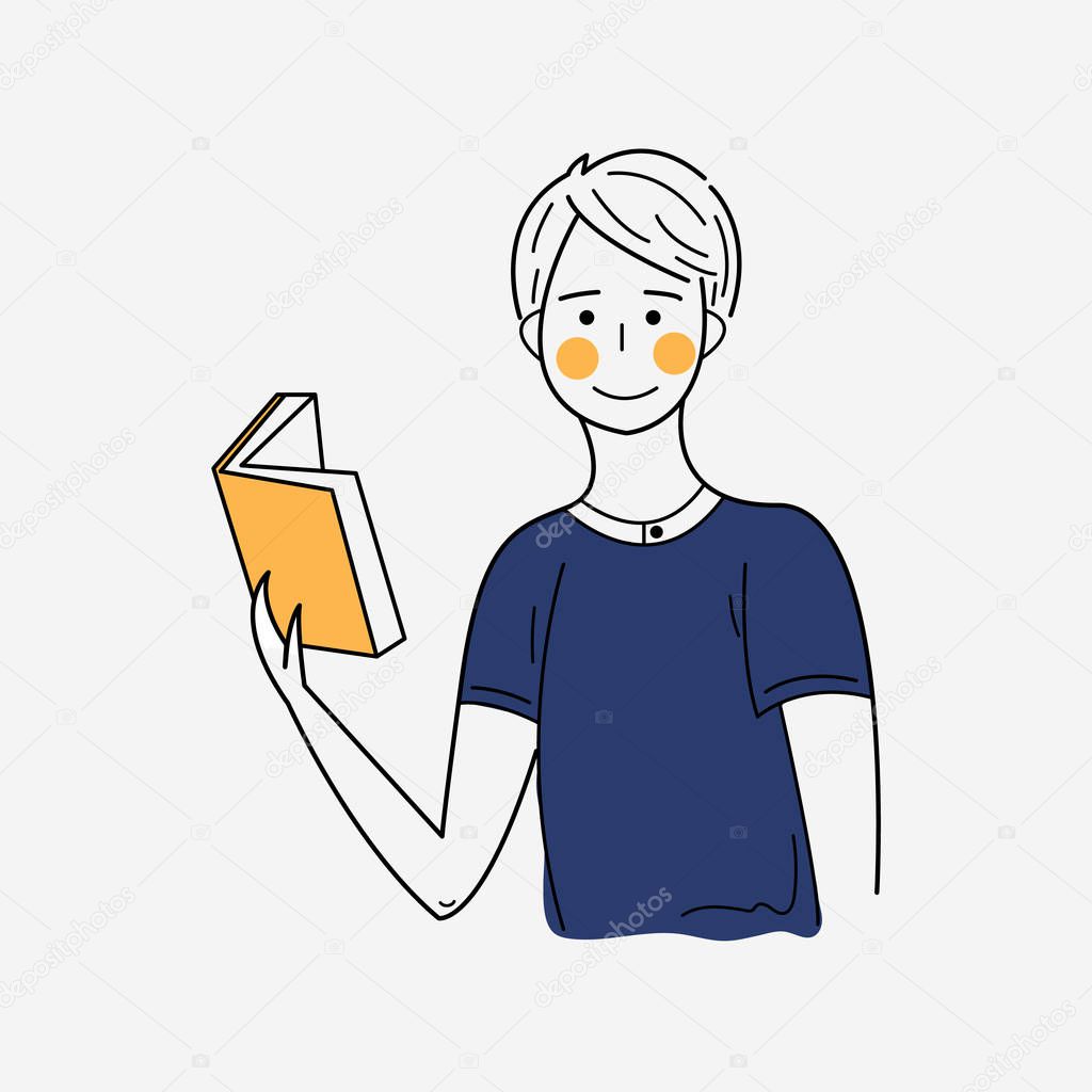 Literature fan. Boy studying with some books. Young student boy. Education and learning concept. Boy with book. Boy who love to Read. Reading Books concept. Flat cartoon vector illustration.
