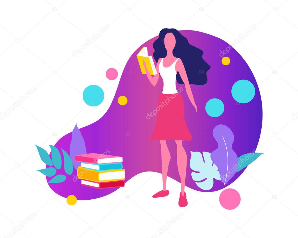 Literature fan. Girl studying with some books. Young student girl. Education and learning concept. Beautiful girl with book. Girl who love to Read. Reading Books concept. Flat cartoon vector illustration.