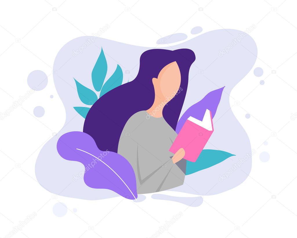 Literature fan. Girl studying with some books. Young student girl. Education and learning concept. Beautiful girl with book. Girl who love to Read. Reading Books concept. Flat cartoon vector illustration.