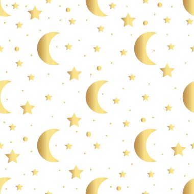 Seamless pattern with gold stars and moon. Vector illustration