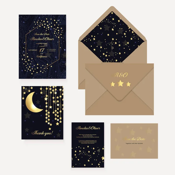 Gold Wedding Invitation, save the date, thank you, rsvp card Design templet. Волшебная открытка . — стоковый вектор