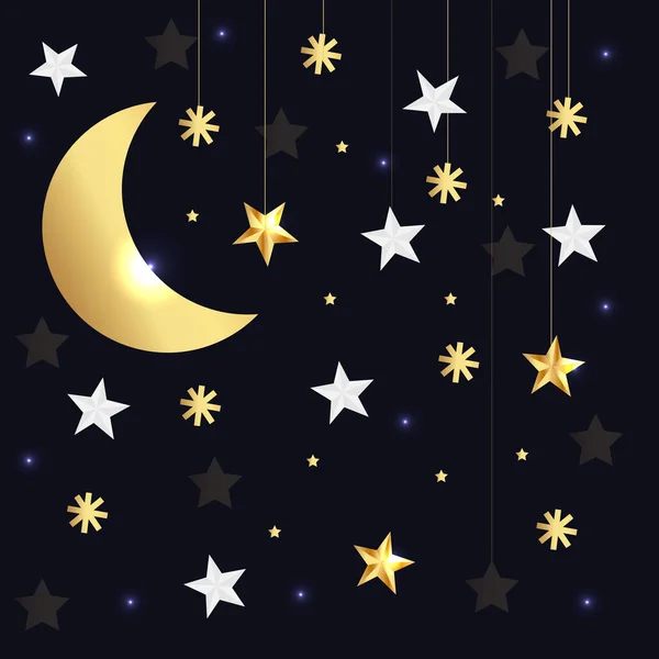 Fondo negro de lujo vectorial con estrellas doradas y luna. Ilustración vectorial — Archivo Imágenes Vectoriales