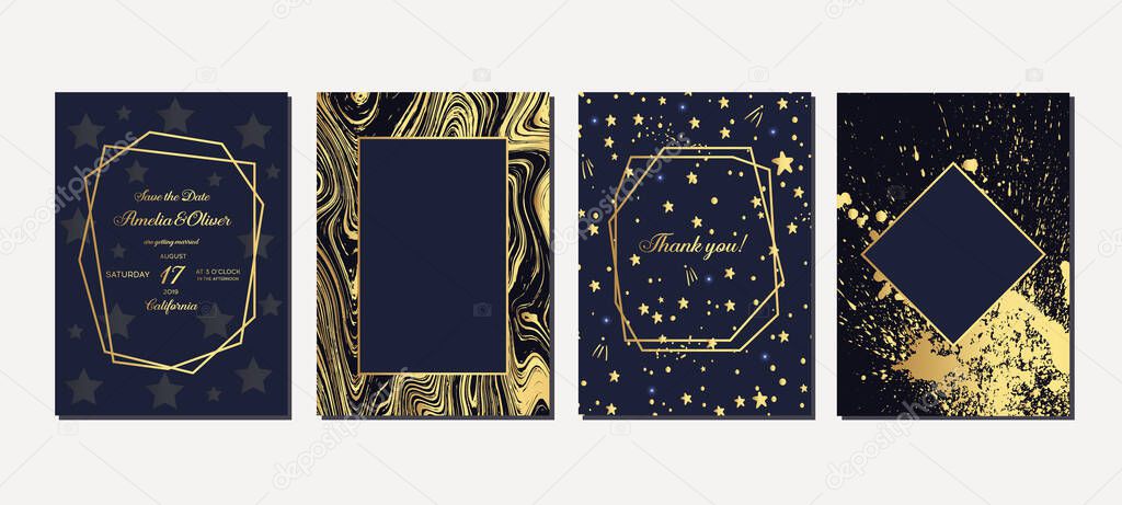 Gold Wedding Invitation, save the date, thank you, rsvp card Design template. Fairytale magic card. Vector illustration