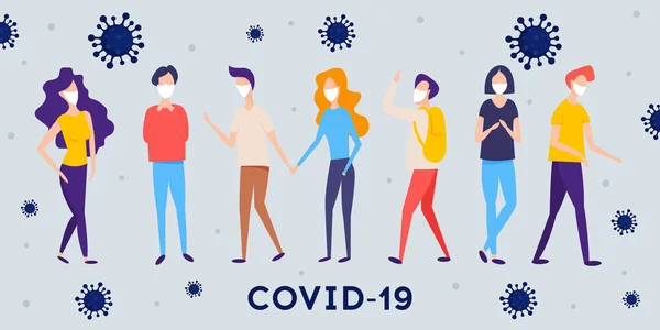 COVID-19 Novel Coronavirus. Persoanele cu mască albă de față medicală . — Vector de stoc