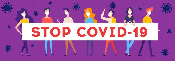 COVID-19 Novel Coronavirus. Persoanele cu mască albă de față medicală . — Vector de stoc