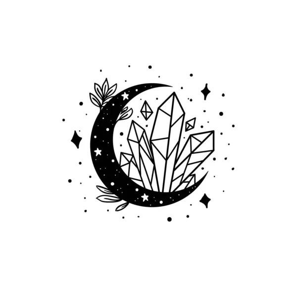 Мистическая Луна Кристаллами Звездами Звезды Созвездия Луна Кристаллы Символ Ручной — стоковый вектор