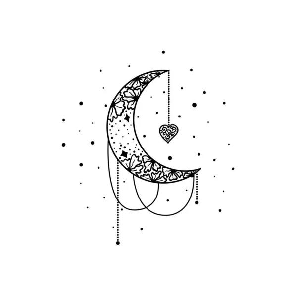 Luna mística y estrellas. Estrellas, constelaciones, luna, cristales . — Vector de stock