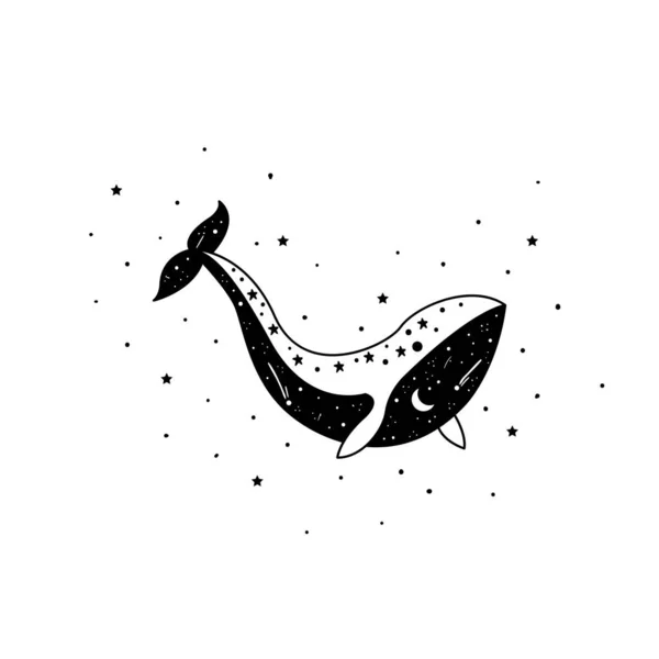 Ballena mística con luna y estrellas. Estrellas, constelaciones, luna . — Vector de stock