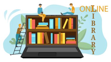 Dijital kütüphanenin web sayfası şablonu. Elektronik kütüphanenin insan karakterli web pankartı. Vektör illüstrasyonu.