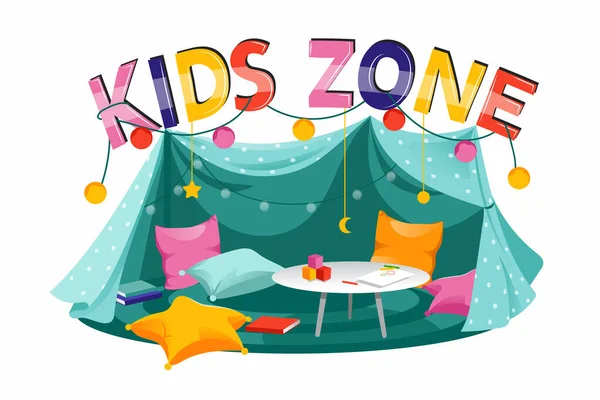 Super Banner für die Kinderzone im Cartoon-Stil mit Zelt, Text, Kissen. Platz für Spiel und Spaß. — Stockvektor