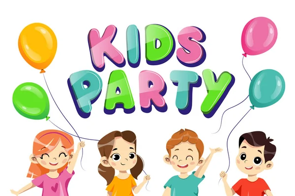 Dětská party design šablona, pozvánka s dětmi, balónky, text. — Stockový vektor