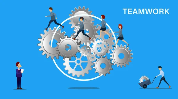 Business teamwork concept. Business team is running in set of gears mechanism. Cogwheels. Vector illustration. — Stock Vector