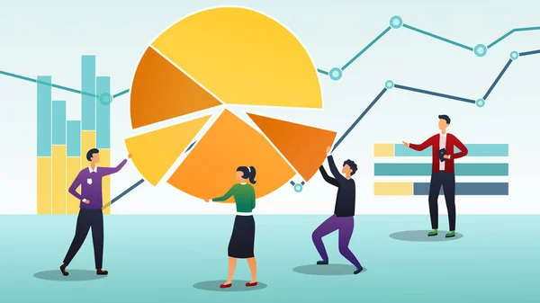 Teamwork concept, data analysis and corporate strategy. A group of people analyze and collect pie chart. — ストックベクタ