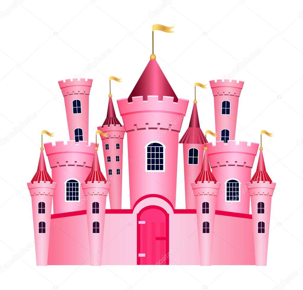 Cute princess castle isolated on white background. Vector illustration.