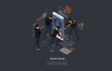 İzometrik hacker saldırı konsepti. İnternet korsanı kompozisyonu ve hacker grubu başlığı.