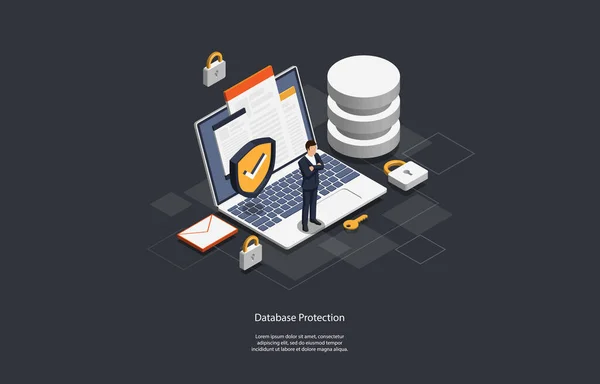Isometric database protection concept. Server room rack, database security, shield server unit. — Stock Vector