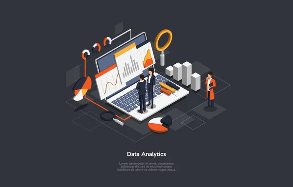Isométrica Gestão de processos de análise de dados de negócios ou painel de inteligência . — Vetor de Stock
