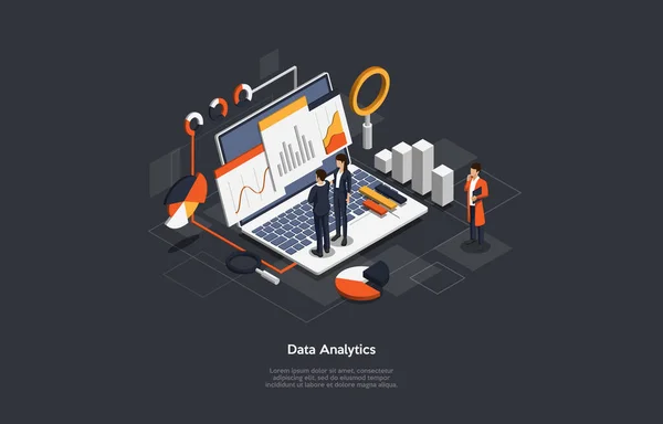 Isometric İş Veri Analizi İşlem Yönetimi veya İstihbarat Kontrol Paneli. — Stok Vektör