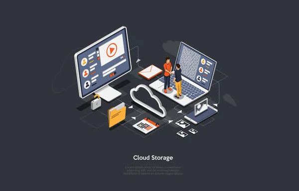 Isometric Cloud Storage Concepts. En-tête pour site Web avec ordinateur . — Image vectorielle