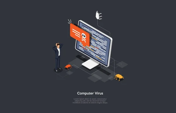 Isometric Virüs Koruma Konsepti. İnternet güvenliği. Bilgisayarda siber saldırı.