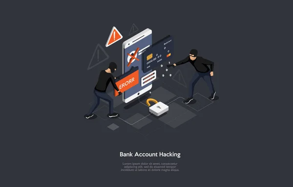 Isometric banka hesabı hacker saldırısı ve kişisel veri güvenliği kavramı. — Stok Vektör