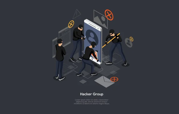İzometrik hacker saldırı konsepti. İnternet korsanı kompozisyonu ve hacker grubu başlığı.