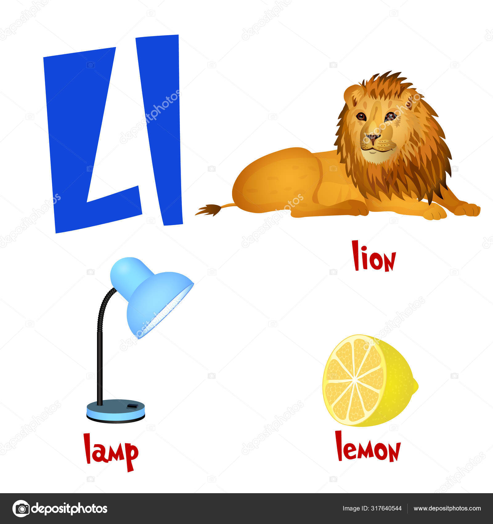 Vector cute kids cartoon alphabet. Letter L with lion, lamp and lemon.  Stock Vector Image by ©Alraun #317640544
