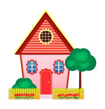 Beyaz arka planda izole edilmiş şirin bir çizgi film evi. Vektör illüstrasyonu.