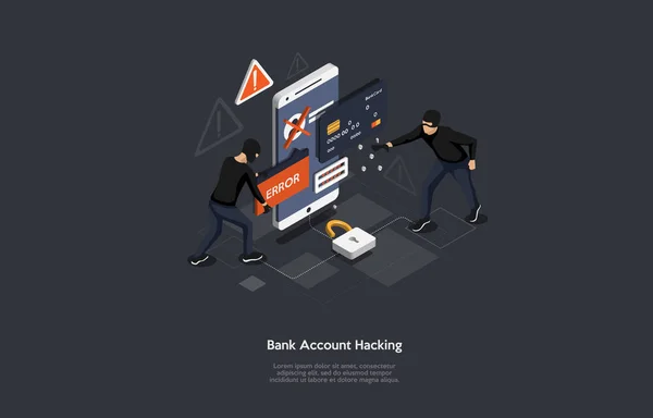 Isometric bank account hacker attack and personal data security concept. Computer security technology. — Stock Vector