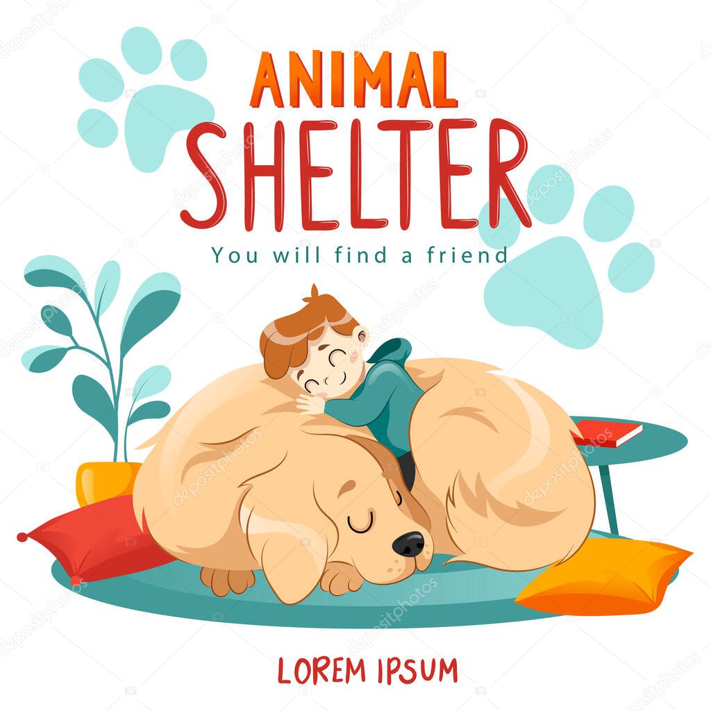 Animal Shelter design poster with child, dog and decorations. Illustration showes animal adoption, care, homeless help. Flat style. Vector illustration.