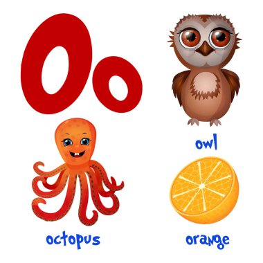Vektör şirin çocuklar çizgi film alfabesi. Baykuş, ahtapot ve portakallı O harfi..