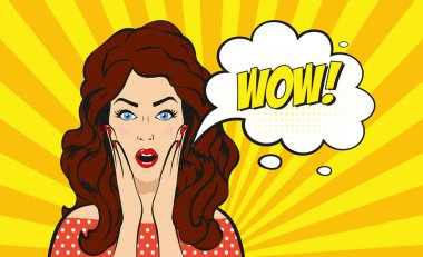 Pop art, ağzı açık esmer bir kadın yüzü görünce şaşırdı. Vektör illüstrasyonu.