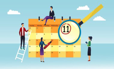 Takım çalışması konsepti. İşbirliği planı ve çıkartmaları olan takvim çizelgesi .