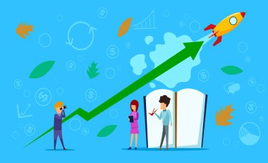 Roket fırlatma, başlangıç konsepti. Bir grup insan çeşitli çizelgelerin yanında duruyor. İnsan dürbünle rokete bakar..