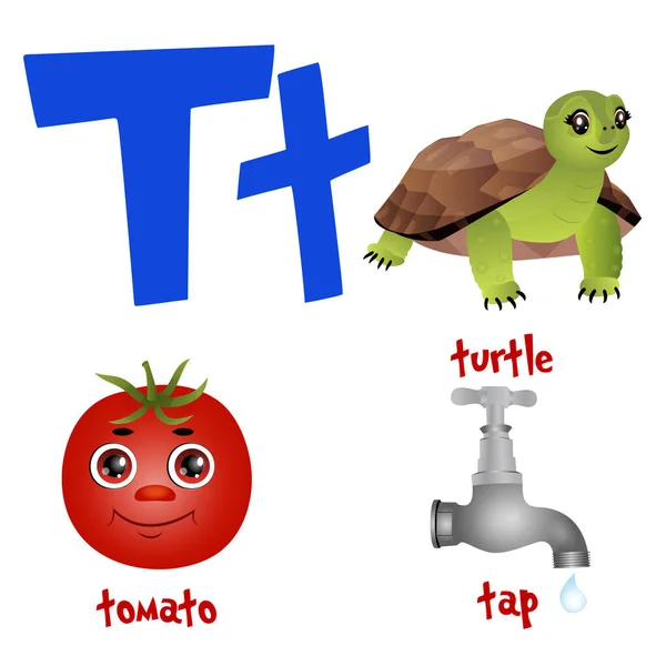 Vector cute kids cartoon alphabet. Letter T with turtle, tomato and tap. — Stock Vector