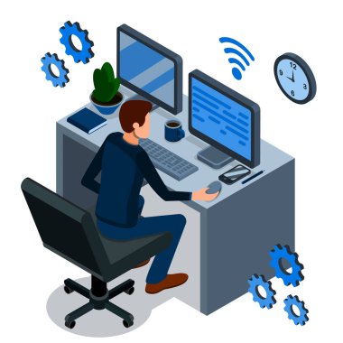 Isometric programming concept. Programmer is working at his work place, over him are abstract icons of internet technologies. Programming, coding, testing, debugging, analyst, code developer. Vector clipart svg vector 