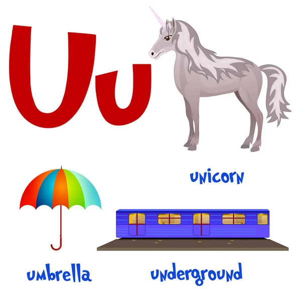 Vector lindo alfabeto de dibujos animados para niños. Letra U con unicornio, paraguas y metro . — Vector de stock