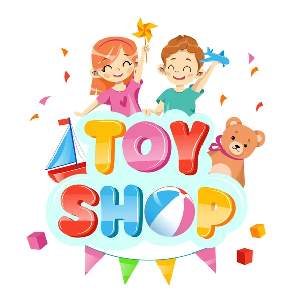 Loja de brinquedos koncept com crianças com brinquedos e teddybear, decorações ao redor . — Vetor de Stock