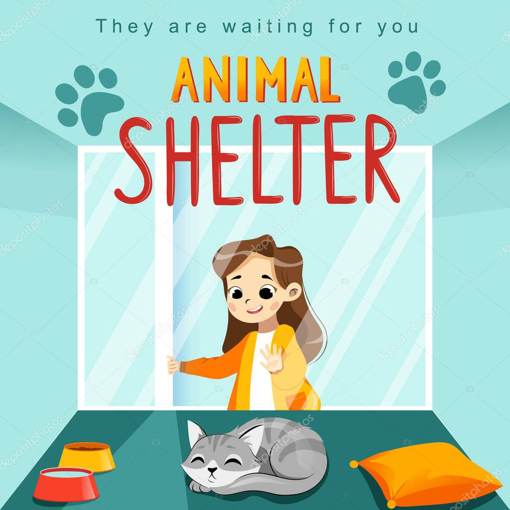 Animal Shelter design poster with child, cat and decorations. Illustration showes animal adoption, care, homeless help. Flat style. Vector illustration.