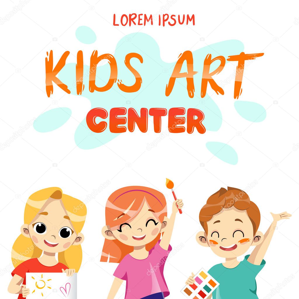 Children Creativity Art Center banner template, art school or class for kids, child development and education with place for text. A boy is drawing on an easel. Flat style. Vector Illustration.