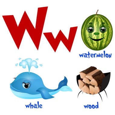 Vektör şirin çocuklar çizgi film alfabesi. Karpuzlu W harfi, balina ve odun..